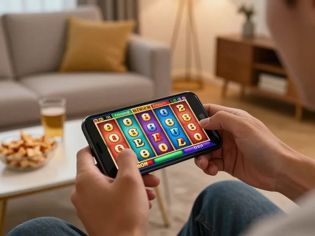 Player engaging with situs slot on smartphone, colorful reels showcasing potential wins in cozy home setting.