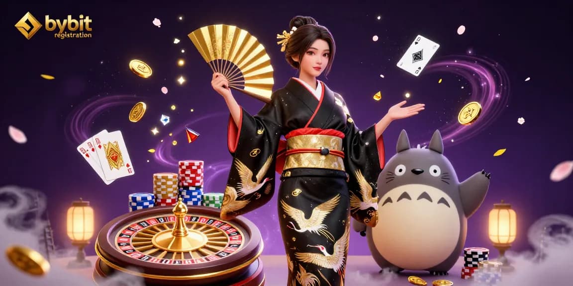 Engage with the bybit registration process through vibrant characters and casino elements.