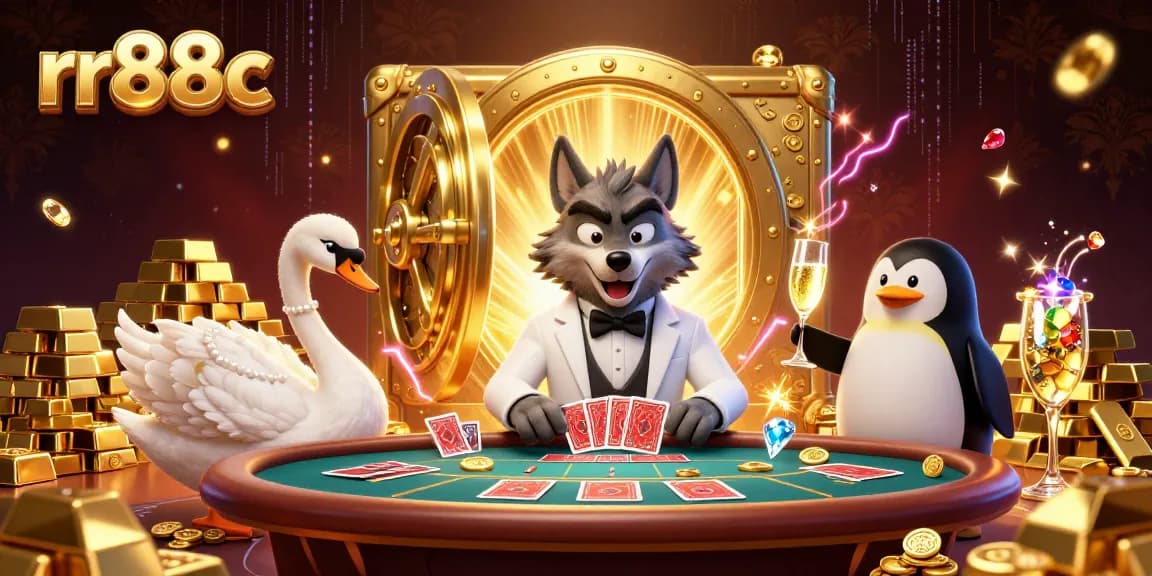 Experience winning excitement with rr88c featuring a debonair wolf and elegant characters in a dazzling casino.