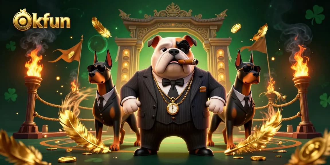 Engage with okfun in a thrilling casino scene featuring a mafia bulldog and bodyguard Dobermans amidst swirling golden elements.