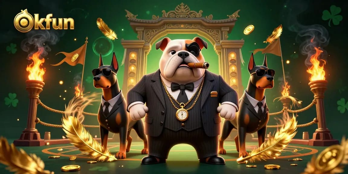 Engage with okfun in a thrilling casino scene featuring a mafia bulldog and bodyguard Dobermans amidst swirling golden elements.