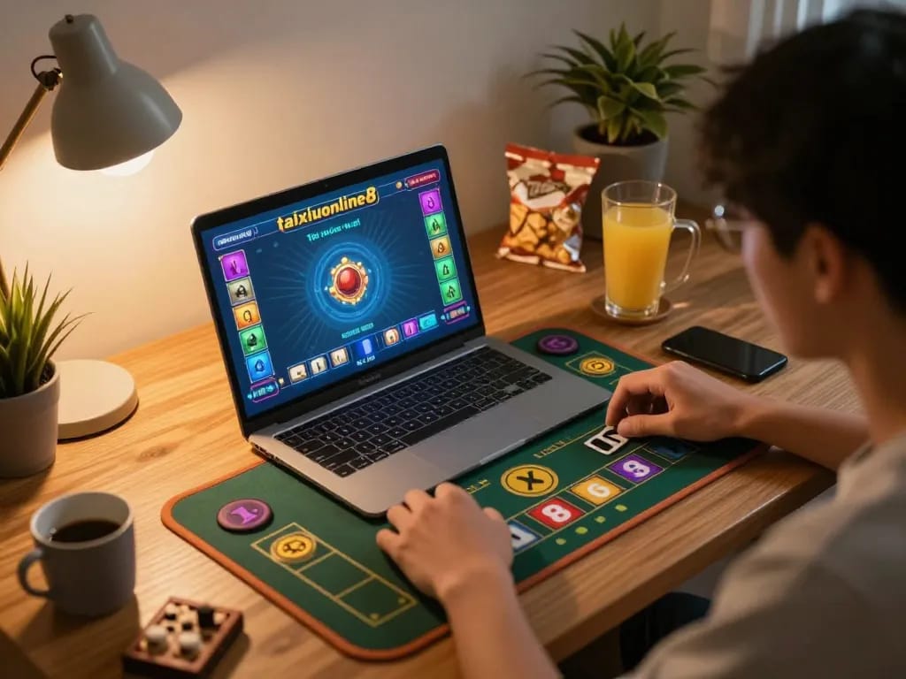 Player engaging in Tài Xỉu online at taixiuonline8 with a focused expression, showcasing a laptop display of the game.
