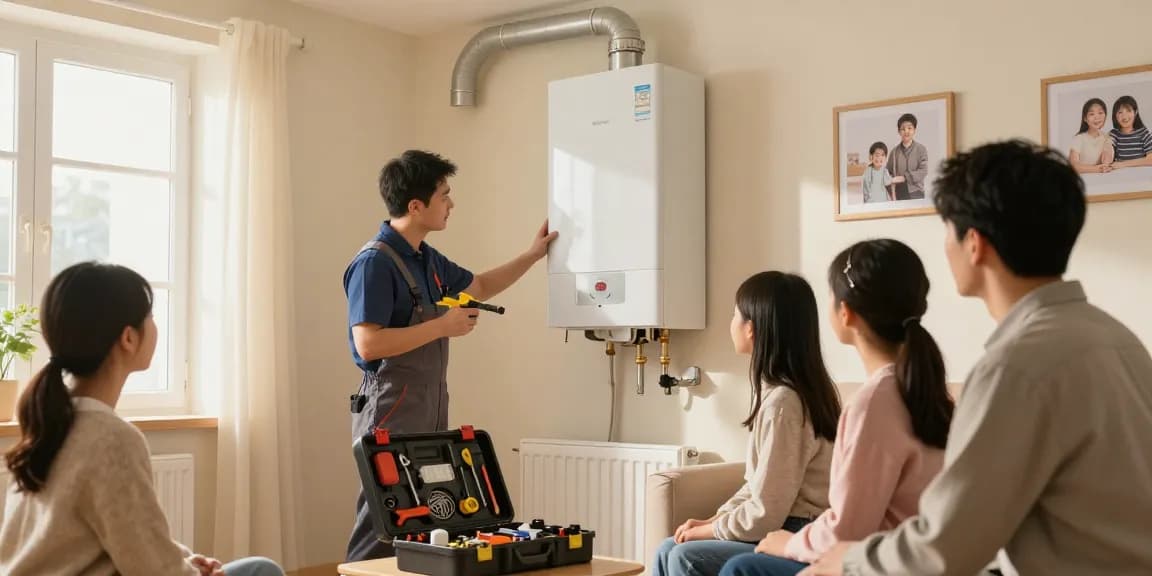 Boiler repair belfast service in a cozy living room with a technician helping a family.
