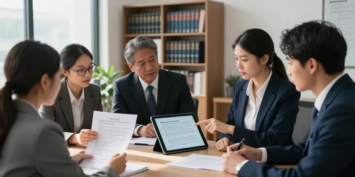 Lawyers discussing a merchant cash advance lawsuit in a modern office.