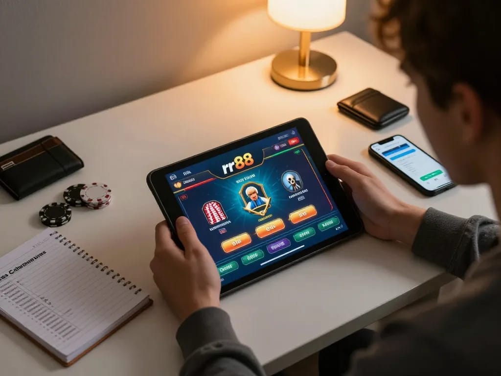 Engaging scene of an individual using rr88's live dealer app on a tablet, focused on online gambling strategy.