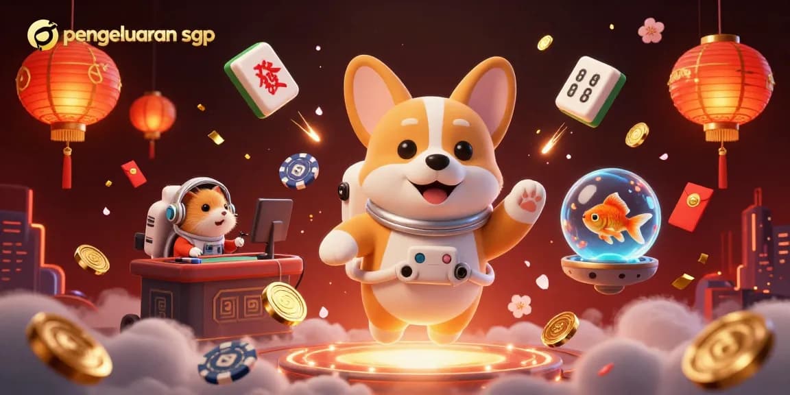 Interact with pengeluaran sgp details in a vibrant casino scene with floating illustrations and lively characters.