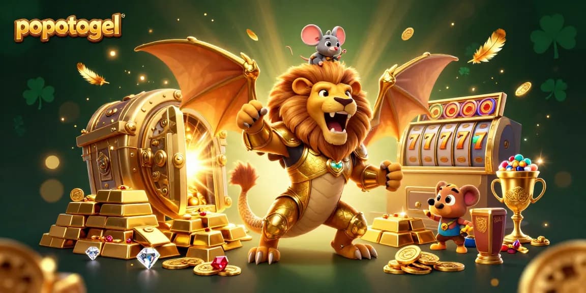 Engage in thrilling popotogel slots with a triumphant chimera and treasure galore illuminating a vibrant casino scene.