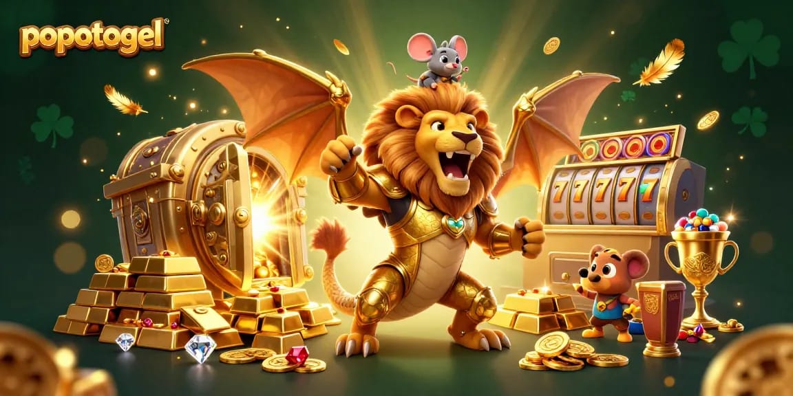 Engage in thrilling popotogel slots with a triumphant chimera and treasure galore illuminating a vibrant casino scene.