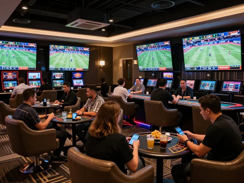 Exciting sports betting action at a luxury lounge featuring 78wingo's offerings.