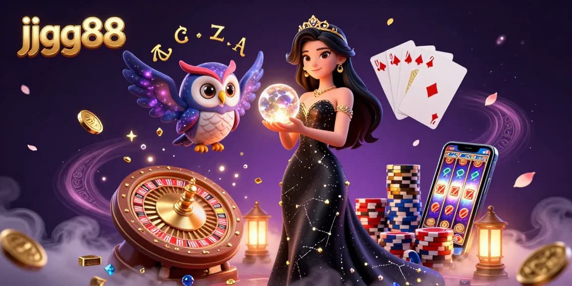 Engage with thrilling games at jjgg88, featuring a captivating lady with a crystal ball amidst swirling casino elements.