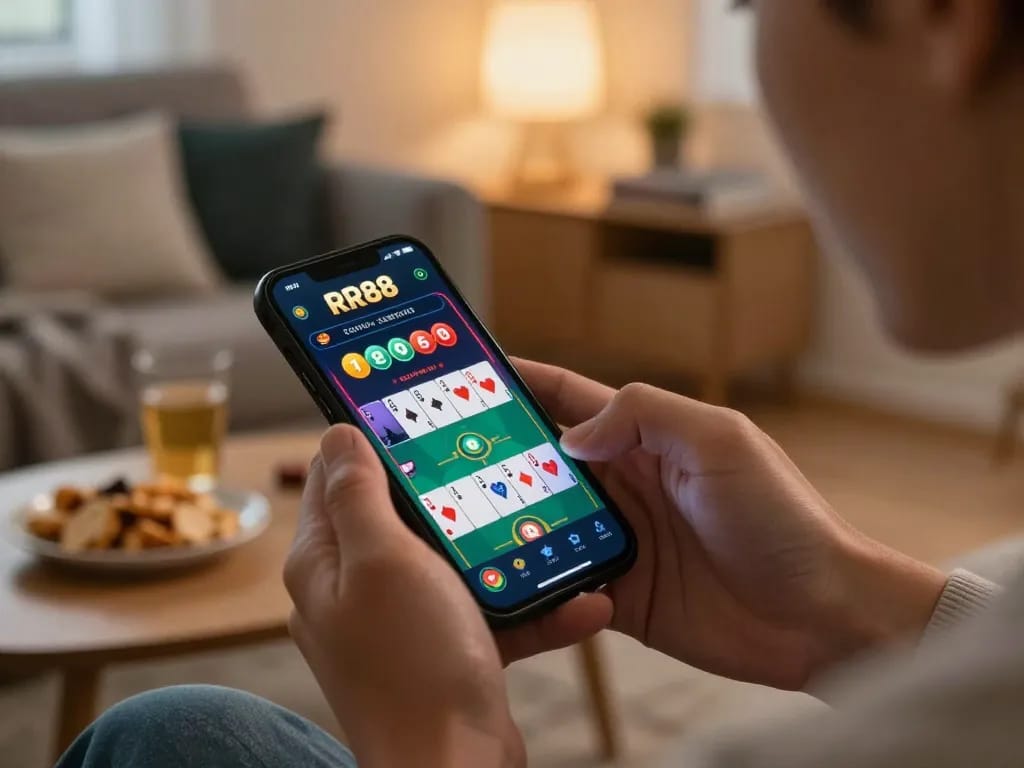 Engaging player using the RR88 app for online gambling in a cozy setting