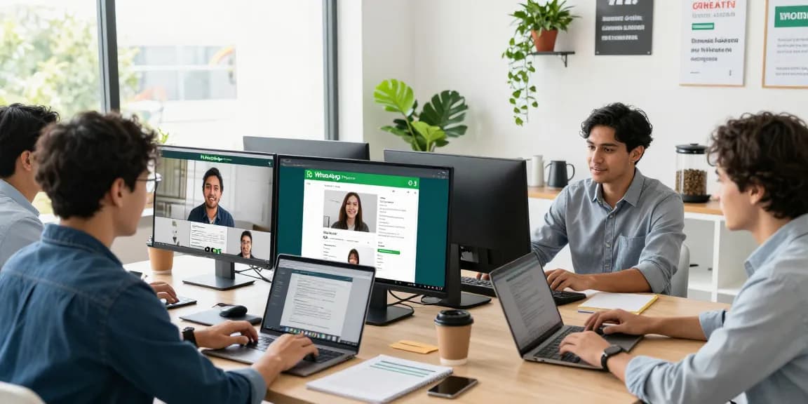 Collaborative team using WhatsApp網頁版 in a modern workspace for effective communication.