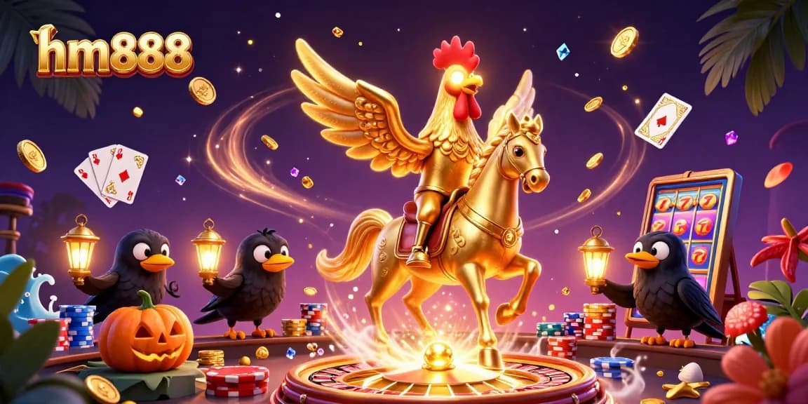 Experience the excitement of hm888 with golden rooster characters amid casino lights and treasures.