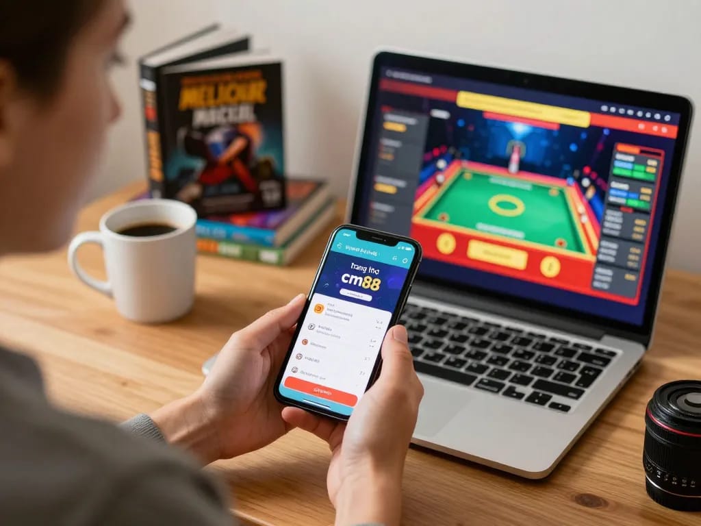 Engaging online user accessing the trang chủ cm88 casino app on smartphone, demonstrating modern gambling.