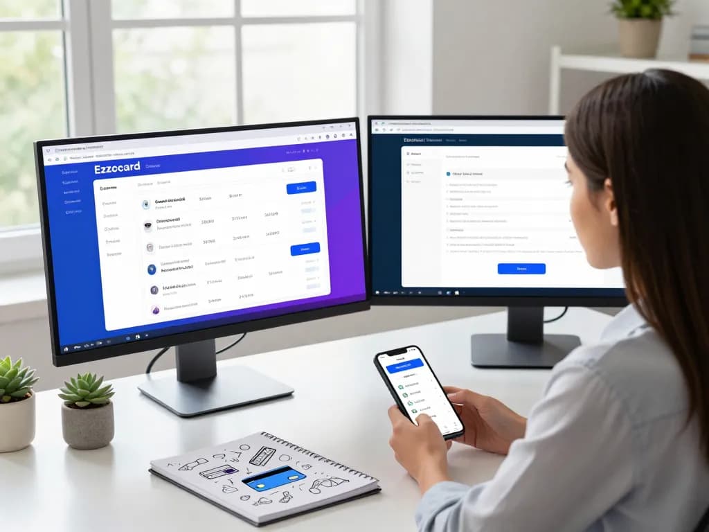 Woman using Ezzocard digital services on dual monitors in a modern workspace.