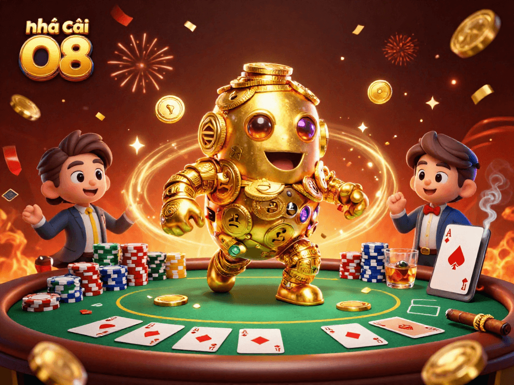 Experience the thrill of gaming at Nhà cái O8 with a colorful 3D illustration of a golden golem surrounded by poker action.