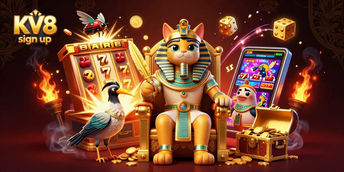 Experience KV8 sign up with thrilling casino action, including a pharaoh cat and magical game elements.