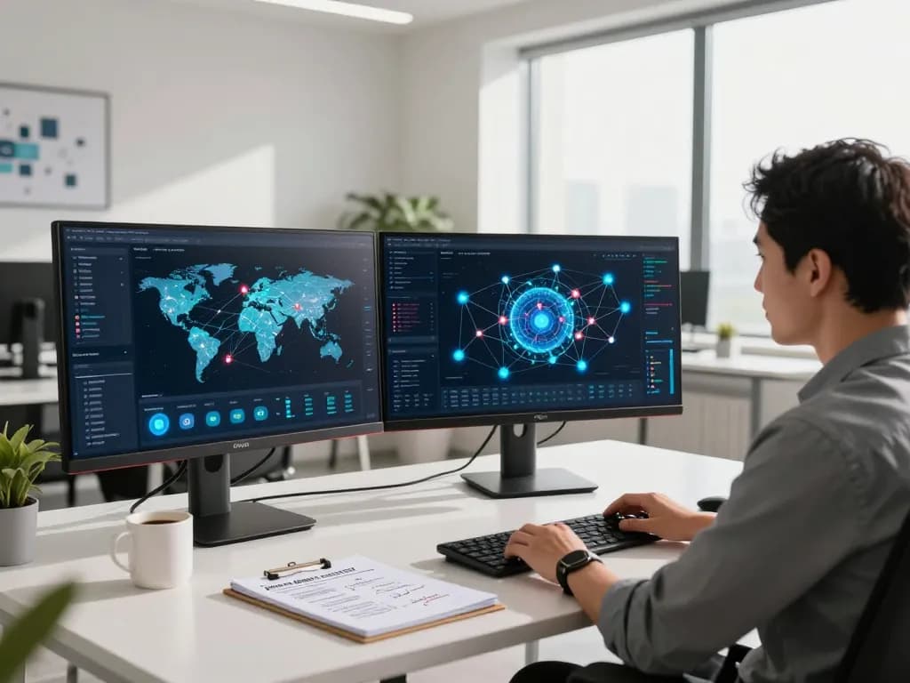 快连 network optimization workspace with multiple monitors and sleek design.