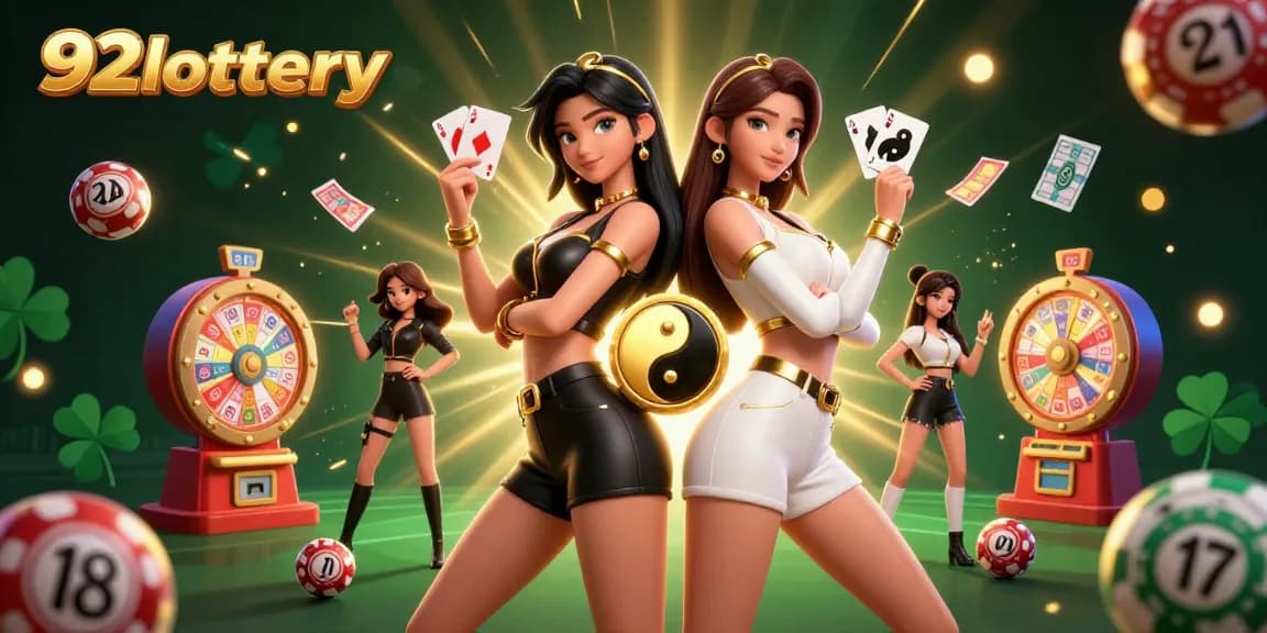 Win big with 92lottery as twin women showcase exciting lottery games in a vibrant scene.