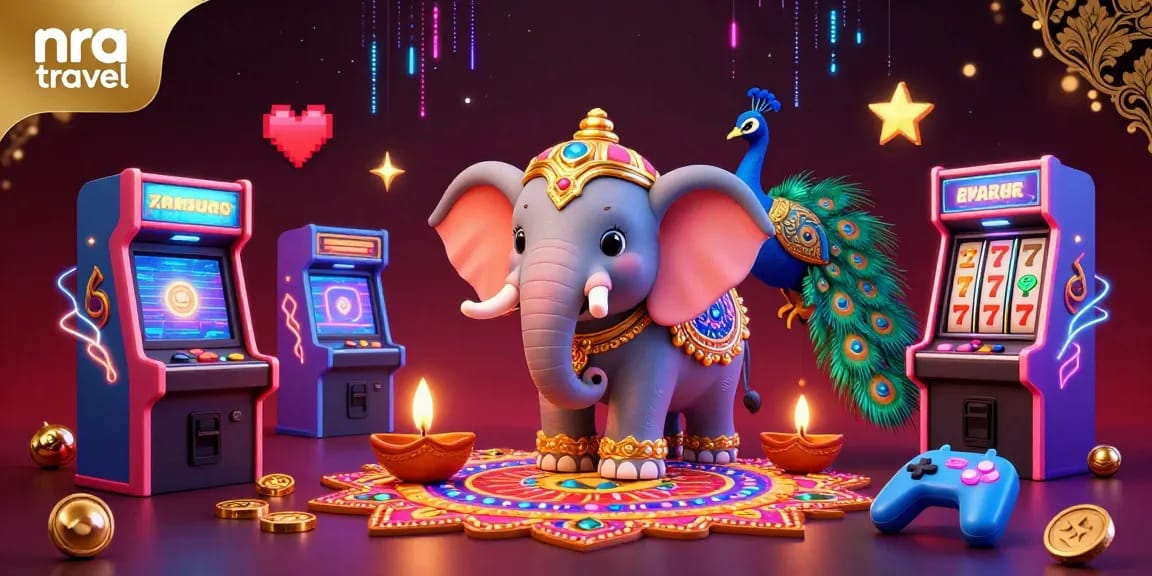 Experience thrilling adventures with nra travel in a vibrant casino-inspired digital illustration filled with gaming elements.