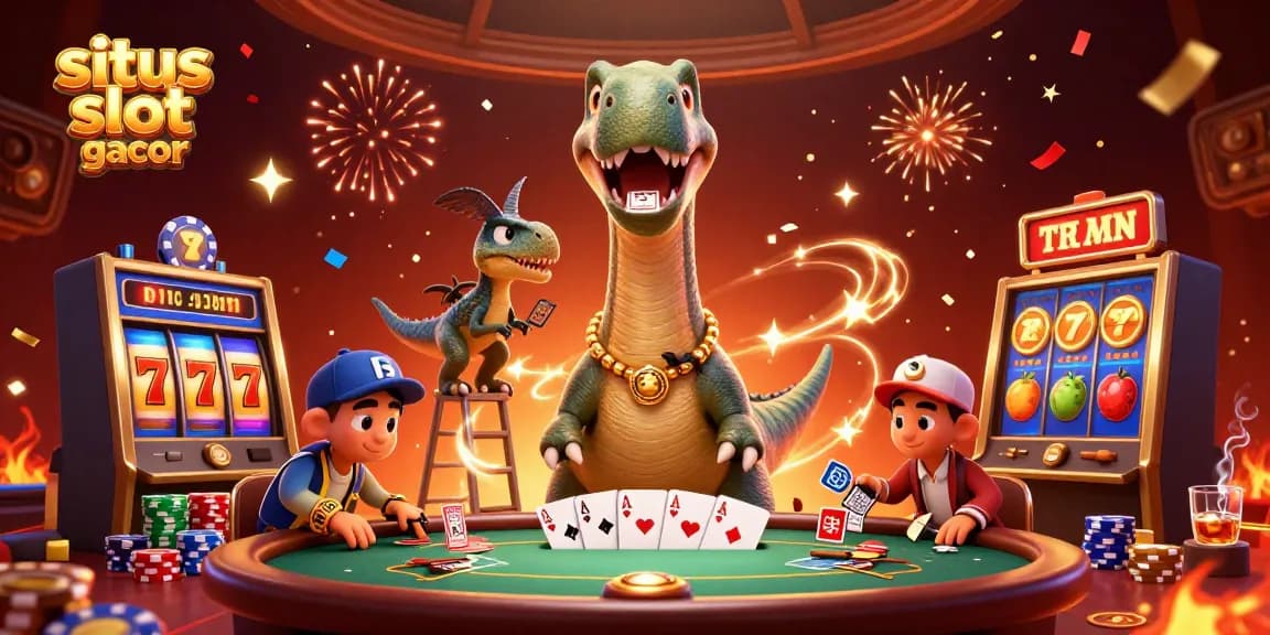 Experience the excitement of situs slot gacor with a vibrant casino scene featuring a giant brontosaurus.