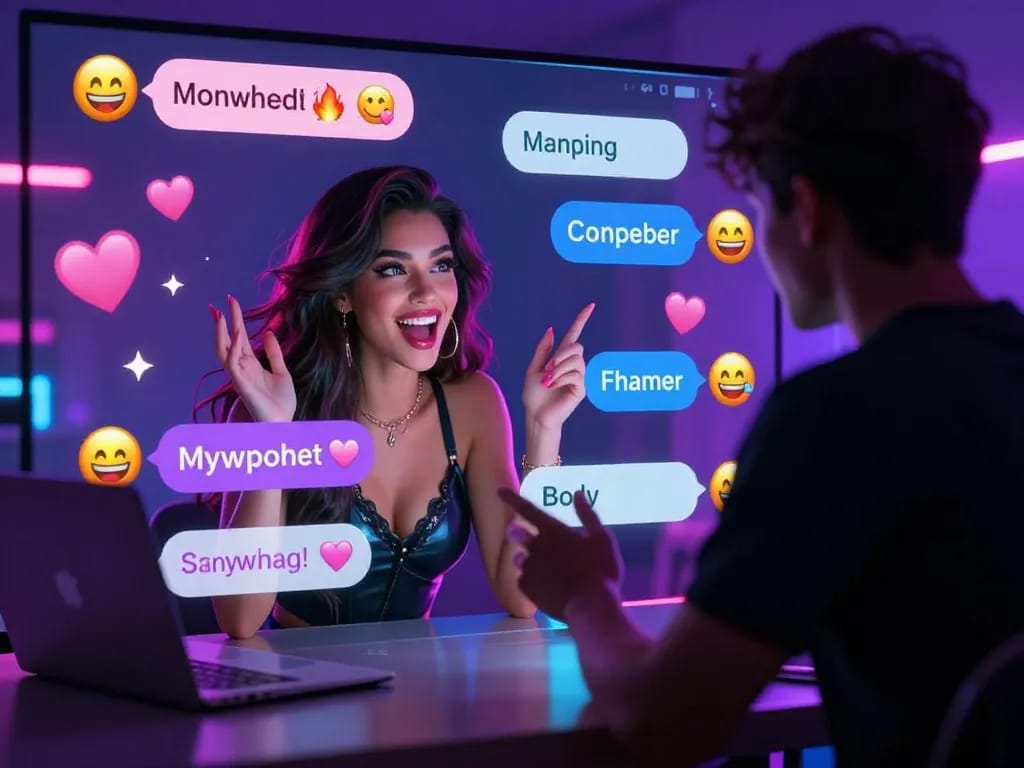 AI porn chat interaction with animated characters in a lively digital chatroom.