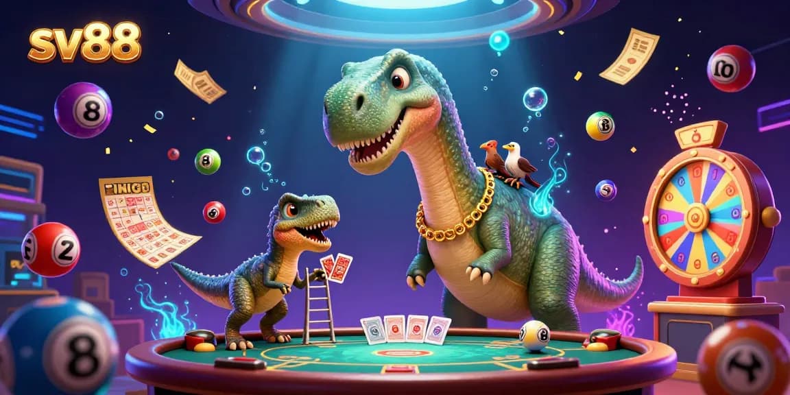 Witness sv88's vibrant casino scene with a dinosaur dealer and colorful lottery elements.