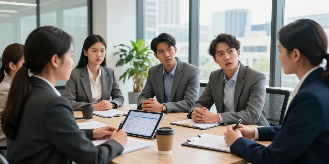 Business owners discussing a merchant cash advance lawsuit in a modern office.