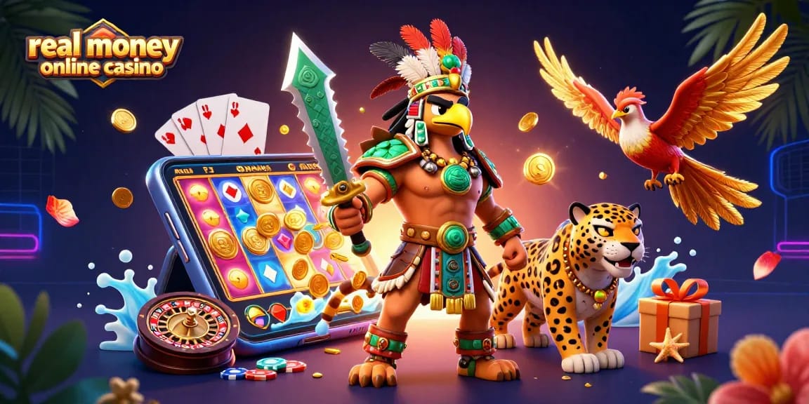 Engage with a vibrant real money online casino scene featuring Aztec warriors and thrilling casino elements.
