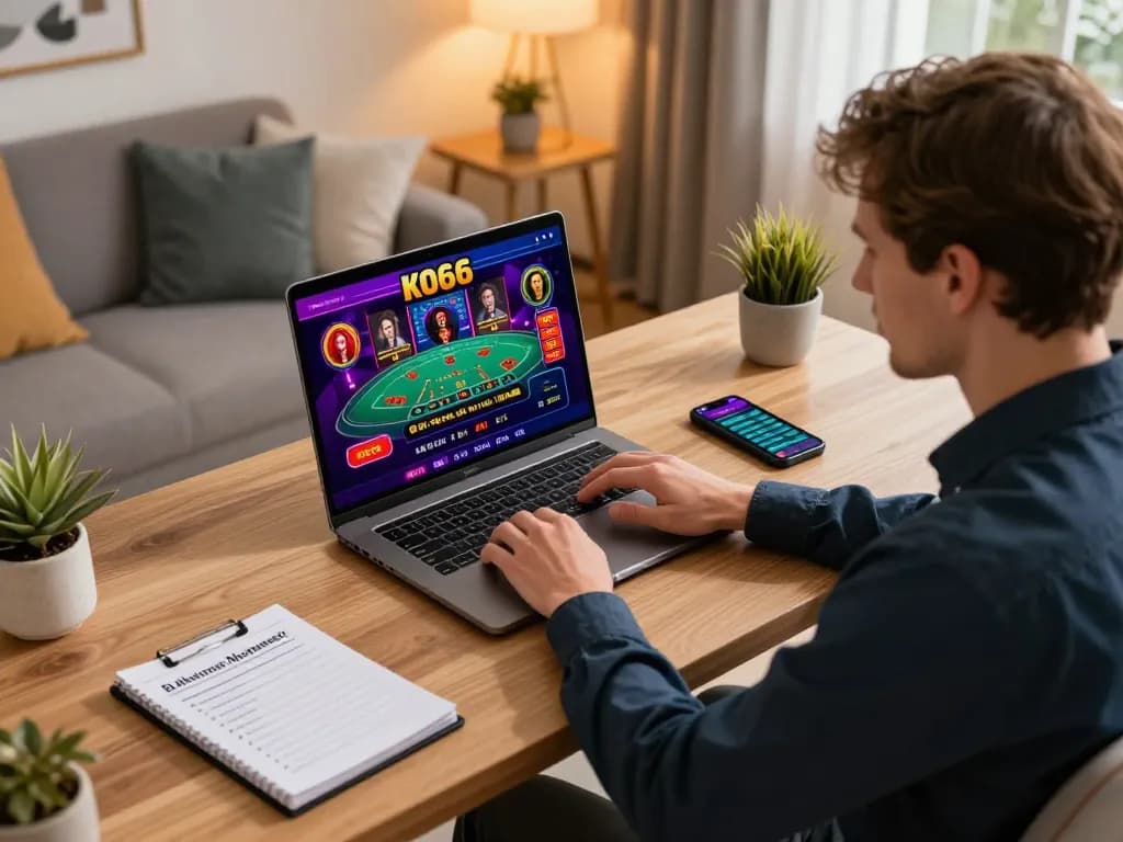 Người chơi tương tác với ứng dụng sòng bạc KO66 trên laptop, thể hiện việc chơi game có trách nhiệm trong một văn phòng làm việc hiện đại.
