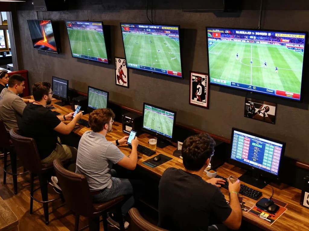 Engaged sports bettors analyzing live events and odds at a vibrant sports bar with nhandinhkeonhacai details.