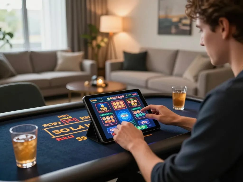 Engaging home gaming scene with a player enjoying sunwin slot games on a tablet.