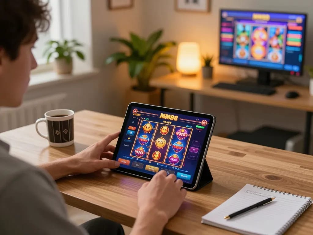 Experience exciting gameplay at MM88 from a cozy home gaming setup with tablet.