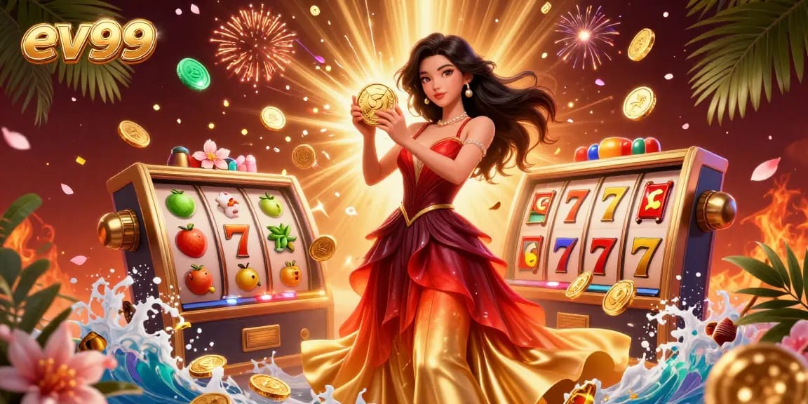 Experience thrilling wins at ev99 casino with vibrant 3D illustrations of jackpot symbols, spinning coins, and a radiant player.