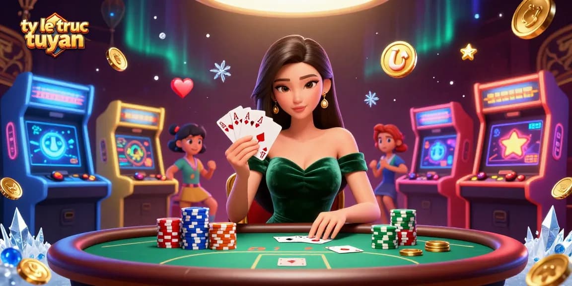 Experience the excitement of ty le truc tuyen with a stunning dealer at a poker table surrounded by vibrant casino elements.