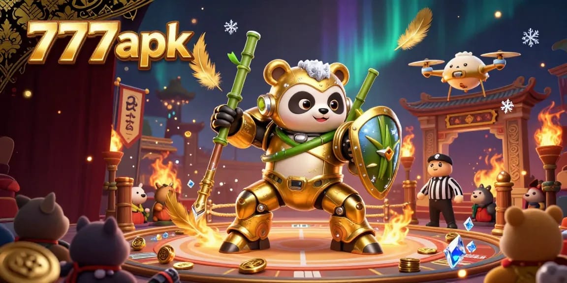 Experience exciting gameplay with 777 apk, featuring a golden panda robot in a vibrant casino arena.