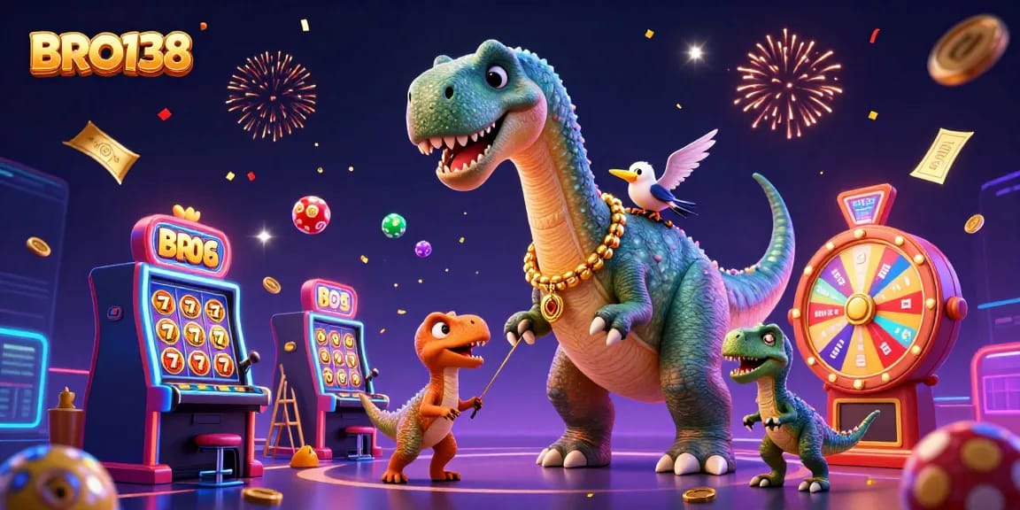 Engage with the exhilarating BRO138 experience featuring a playful brontosaurus in a vibrant casino setting.