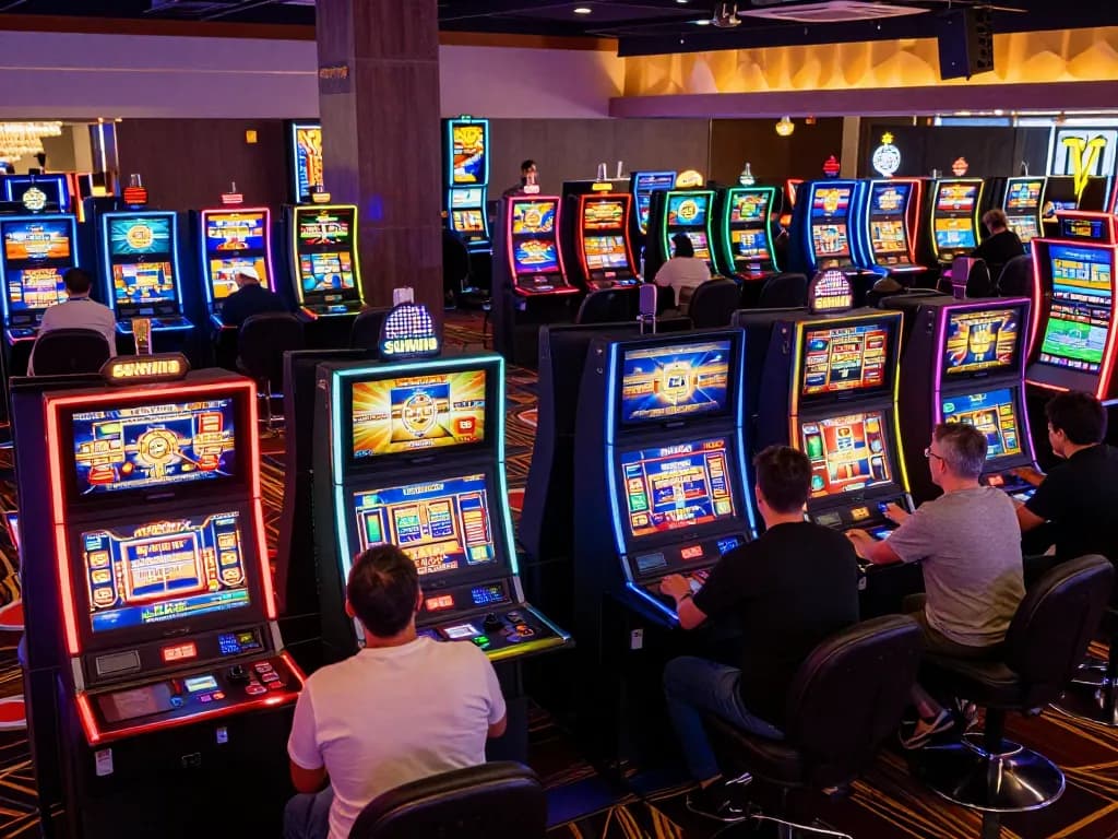 Players enjoying immersive gaming experiences at sunwin's colorful casino floor filled with slot machines.