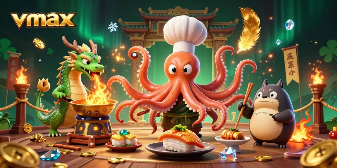 Experience vmax casino excitement with a fiery dragon and animated characters in a vibrant 3D setting.