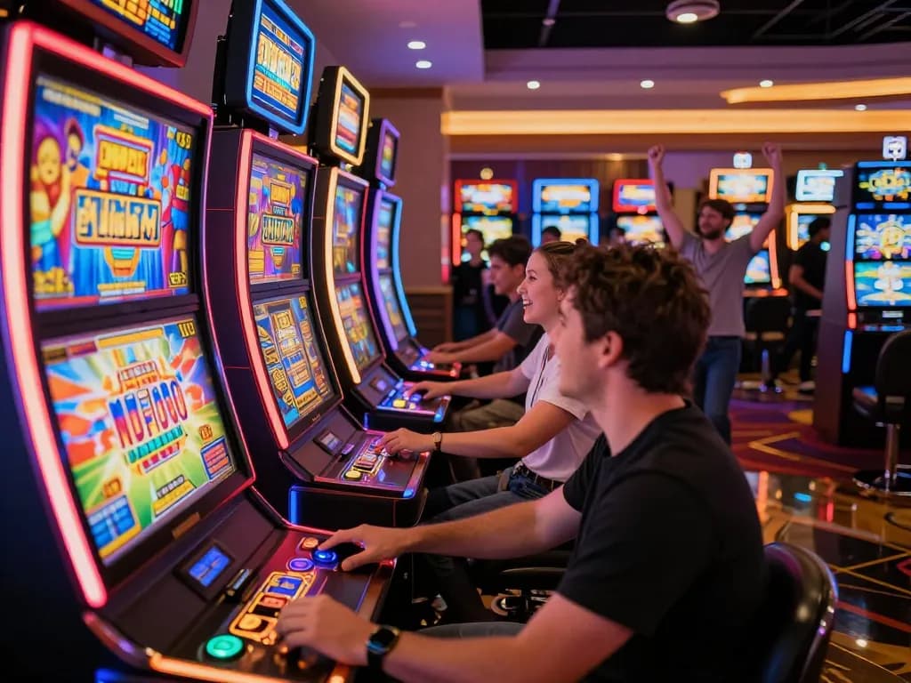SLOT88 players celebrating wins on colorful slot machines in an engaging casino atmosphere