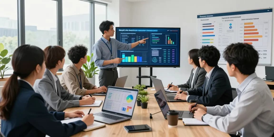 Team discussing multi-site business energy management strategies with laptops and energy dashboards in a modern office setting