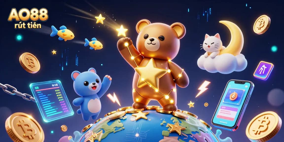 Scoop up coins with AO88 rút tiền, featuring a constellation bear and vibrant digital elements.