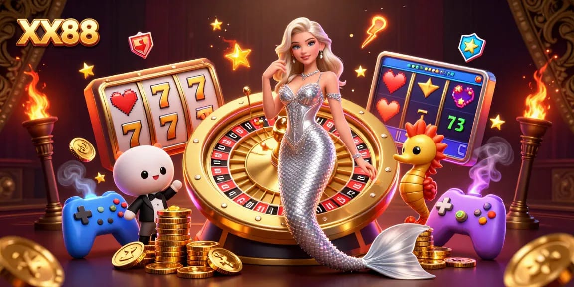 Engage with the thrilling XX88 casino experience, featuring a stunning mermaid and vibrant gaming elements.