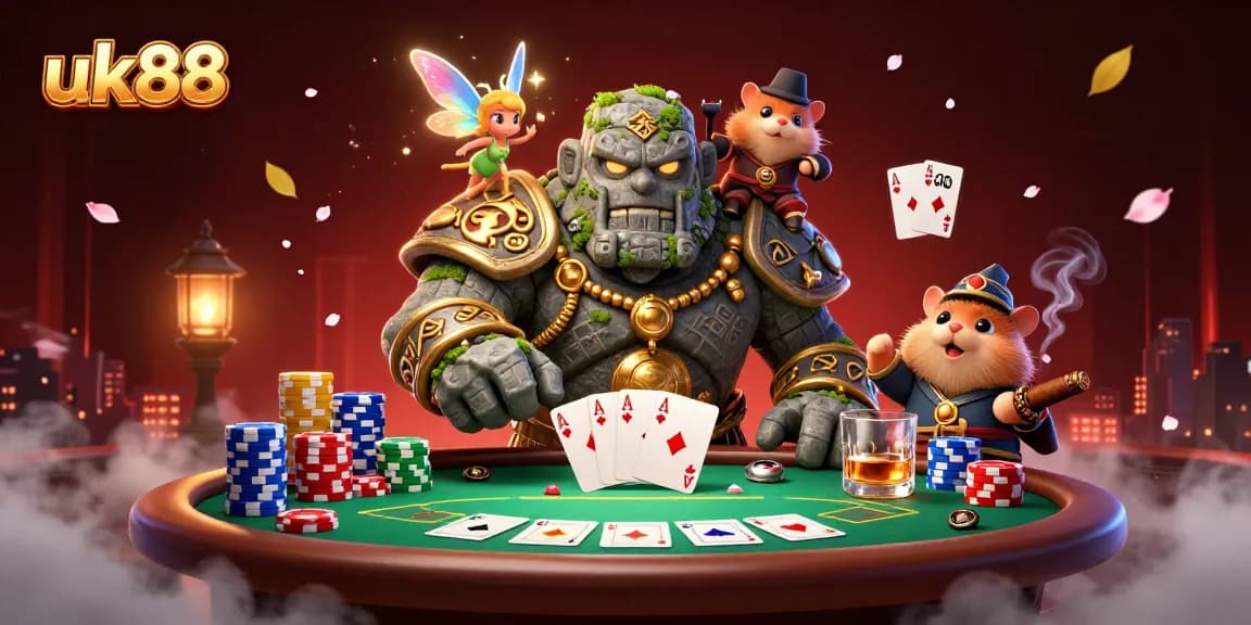 Experience thrilling uk88 gameplay with an ancient stone golem and magical fairy in a lively casino setting.