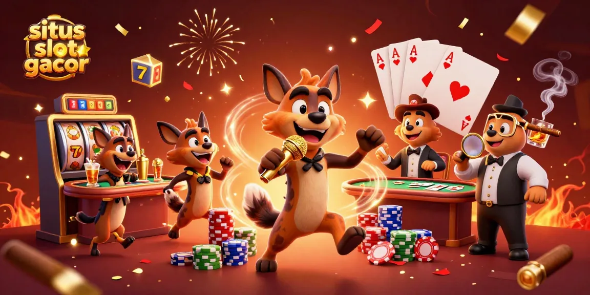 Experience big wins at situs slot gacor with this vibrant casino scene featuring slot machines and animated hyenas.