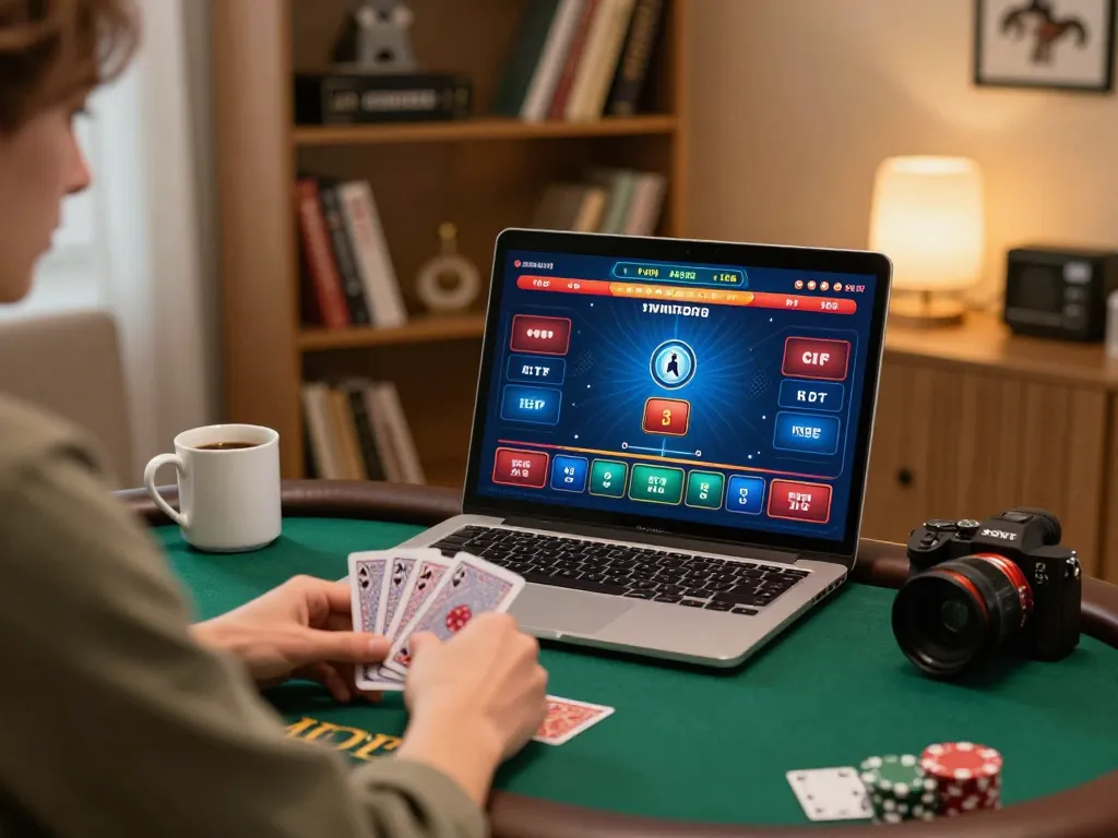 Engaged in strategic poker gameplay with rokok 88 on a laptop in a cozy home setting.