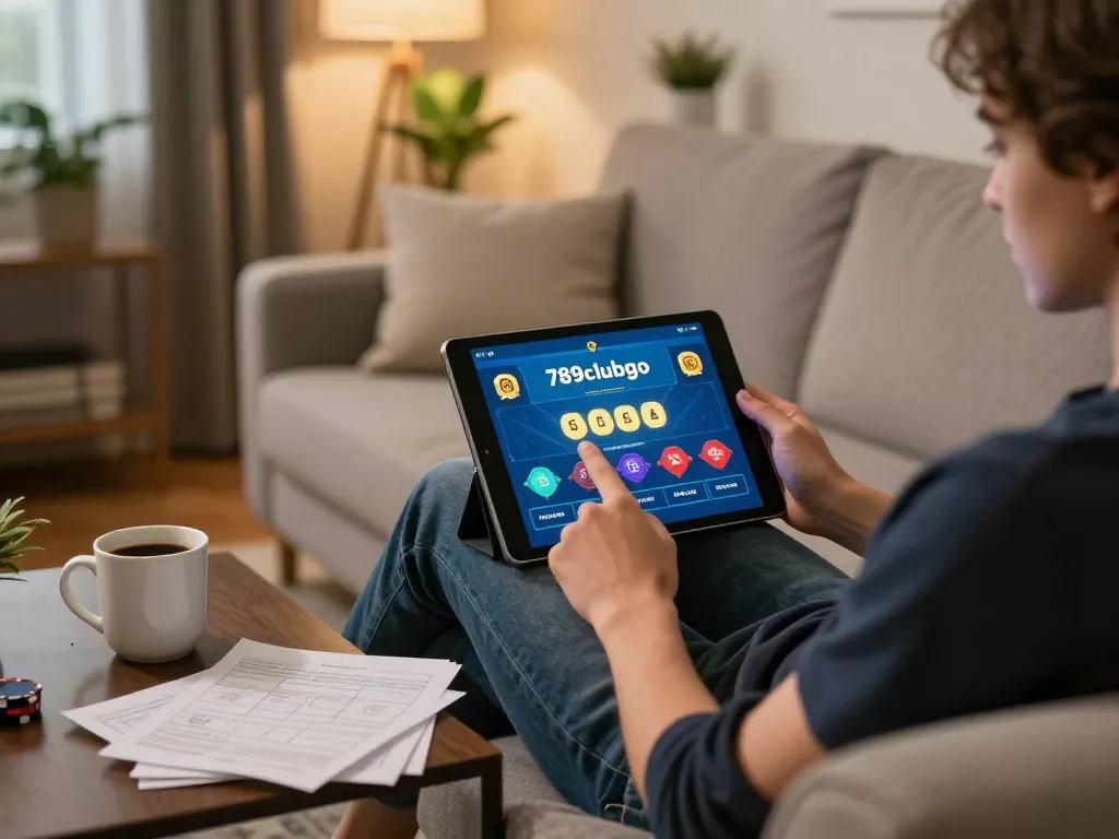Engaging in online gaming on 789clubgo app amidst a cozy home environment, highlighting strategy.
