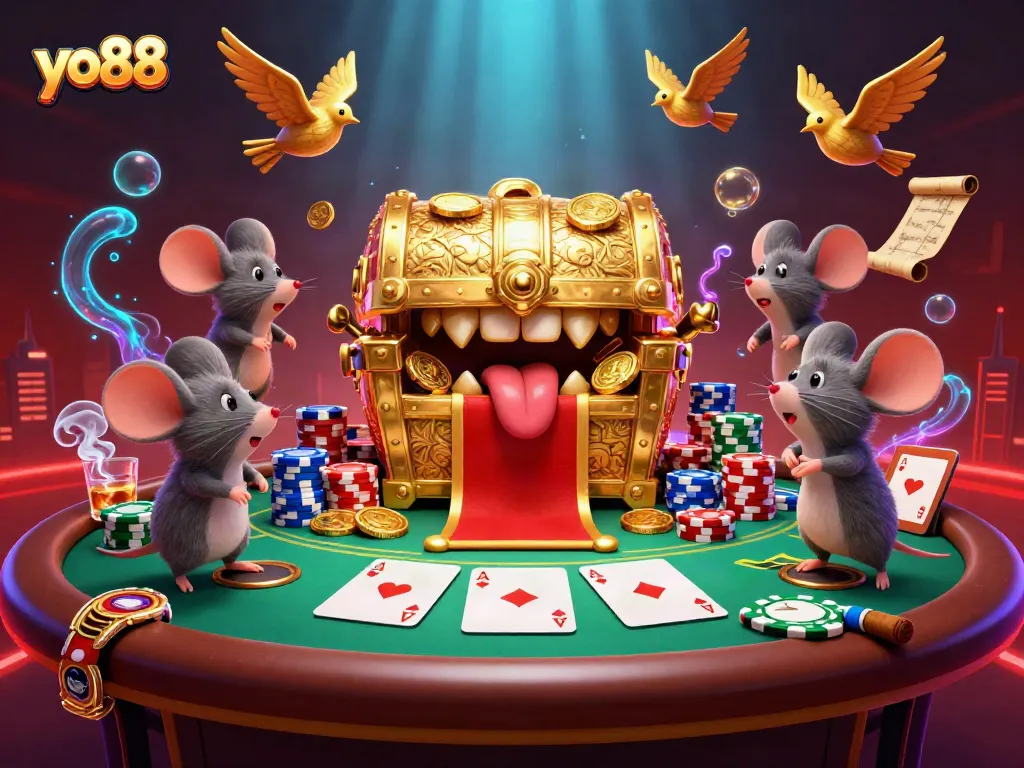 Experience thrilling gaming with yo88, featuring a treasure chest and poker elements, enticing gamblers.