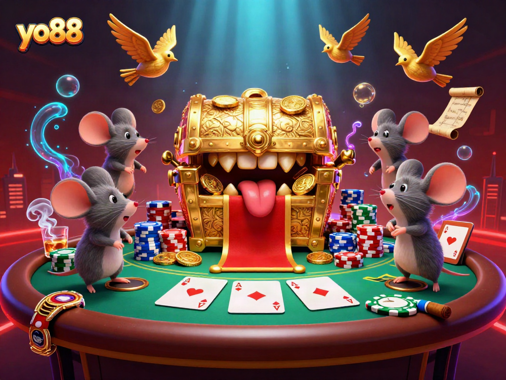 Experience thrilling gaming with yo88, featuring a treasure chest and poker elements, enticing gamblers.