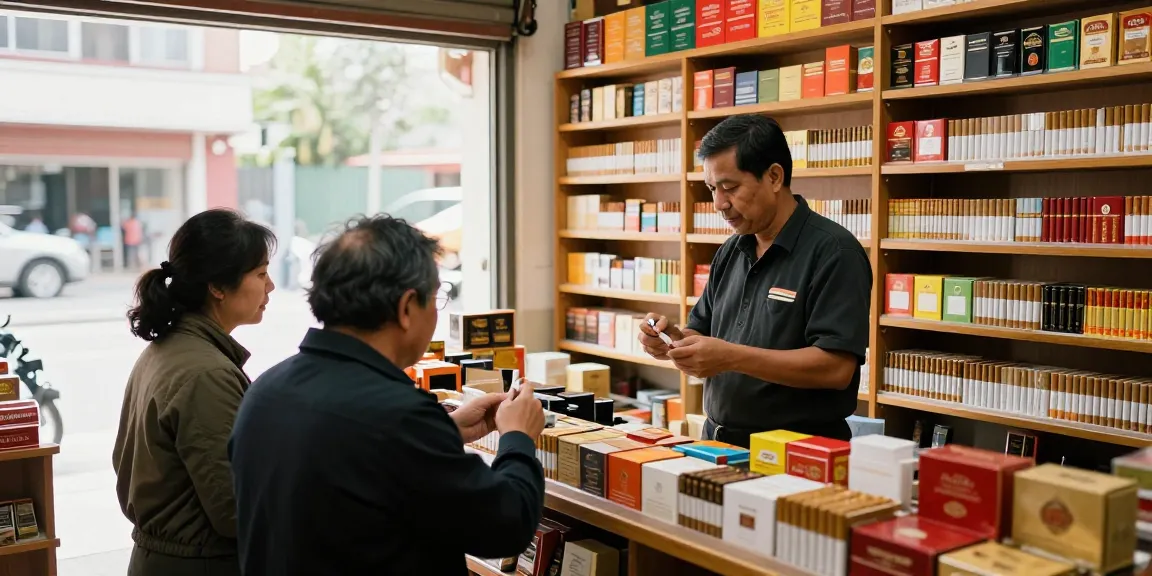 Pengunjung memilih produk rokok 88 di toko tembakau yang ramai.